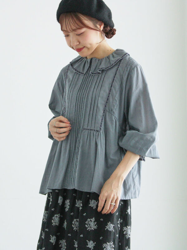 ベロアテープ切替シアーブラウス（ブラック/ブルー/キナリ/トップス