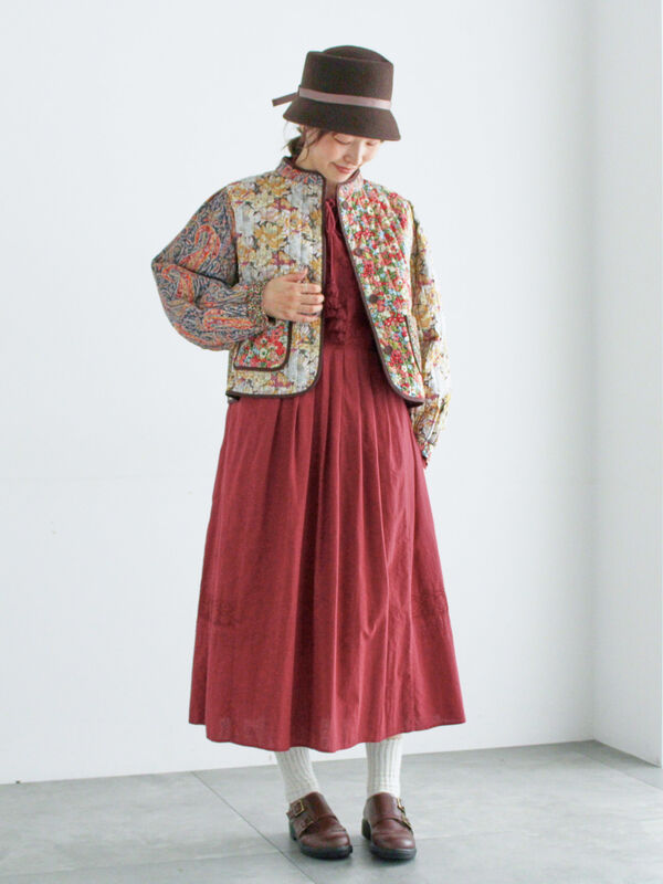 LIBERTY】パッチワークキルトジャケット（レッド/キナリ/アウター