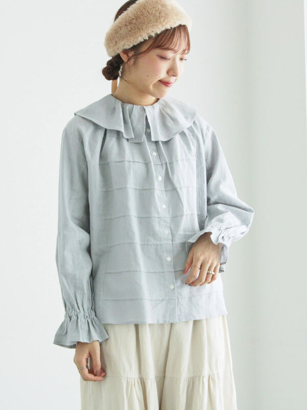 フリル配色ステッチブラウス（ブラック/サックスブルー/キナリ
