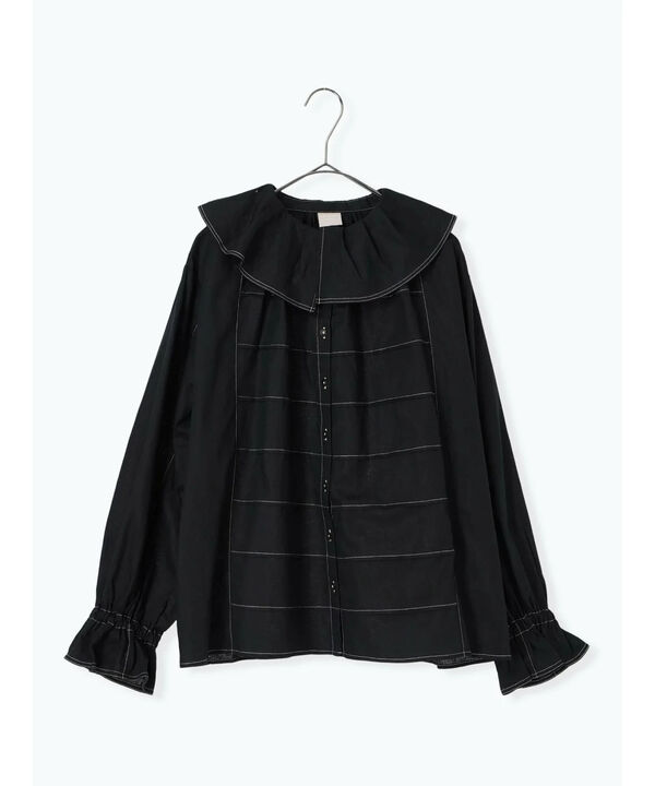 セール】 フリル配色ステッチブラウス（ブラック/サックスブルー