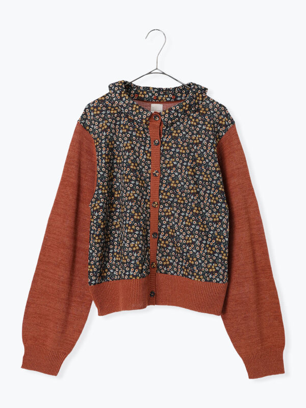 セール】 【LIBERTY】襟付き布帛部分使いニットカーディガン（ブラック