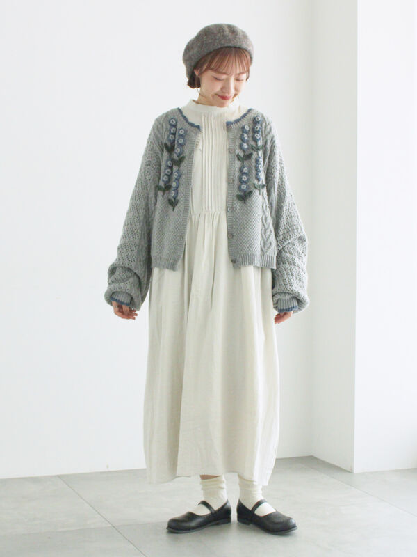 ツハル バイ　サマンサモスモス かぎ針お花モチーフ付きニットカーディガン グレー かぎ針お花モチーフ付きニットカーディガン（グレー