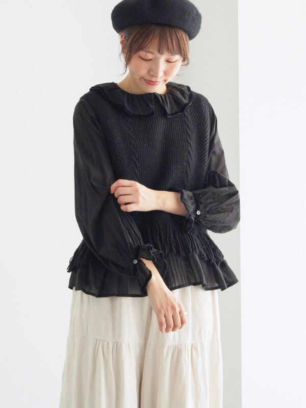 裾フリンジ前後着ニットベスト（ブラック/ベージュ/ブラウン/アウター