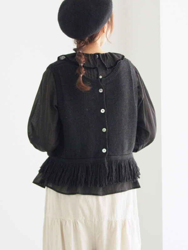 裾フリンジ前後着ニットベスト（ブラック/ベージュ/ブラウン/アウター