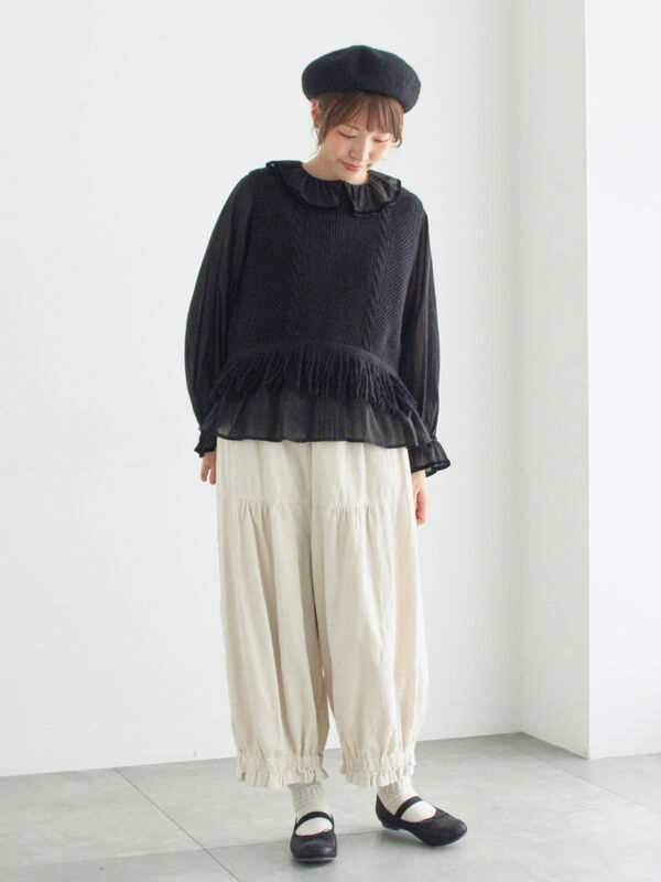 裾フリンジ前後着ニットベスト（ブラック/ベージュ/ブラウン/アウター