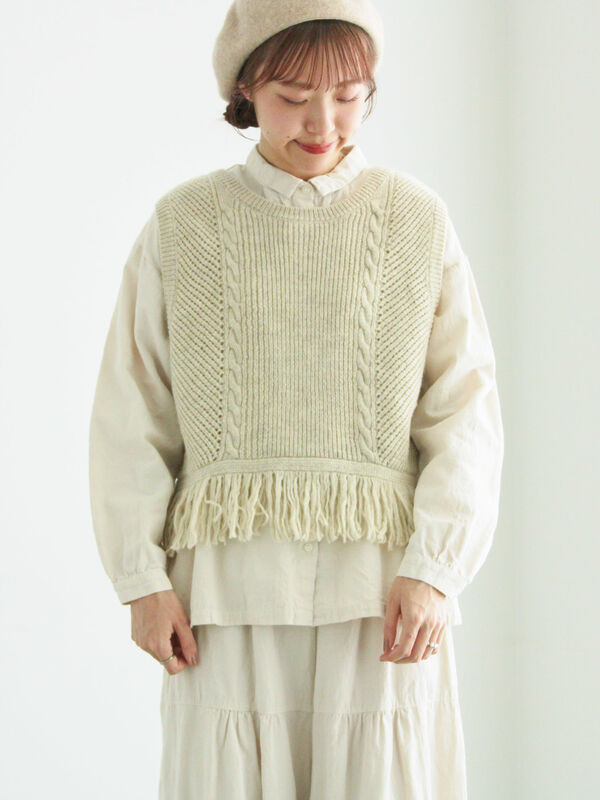 セール】 裾フリンジ前後着ニットベスト（ブラック/ベージュ/ブラウン