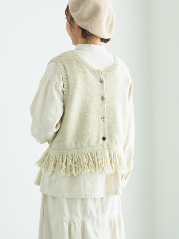 裾フリンジ前後着ニットベスト（ブラック/ベージュ/ブラウン/アウター