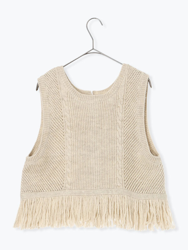裾フリンジ前後着ニットベスト（ブラック/ベージュ/ブラウン/アウター