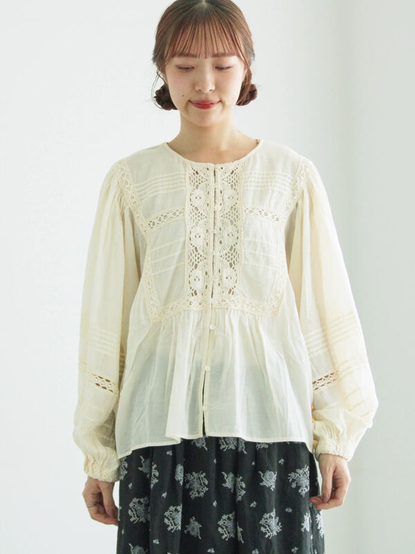セール】 切替レース貼り前開きブラウス（ブラック/イエロー/キナリ