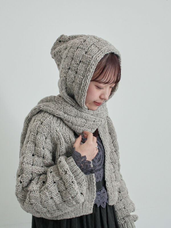 セール】 【ペルーニット】柄編みバラクラバ（オフホワイト/グレー