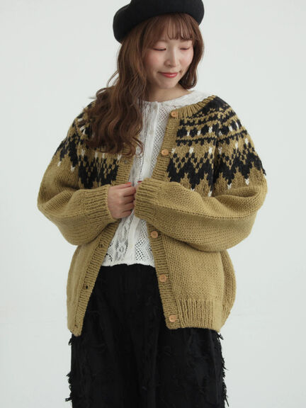 【ペルーニット】ジャカード柄ニットカーディガン（チャコールグレー/オリーブ）｜TSUHARU by Samansa Mos2（ツハルバイサマンサモスモス）通販