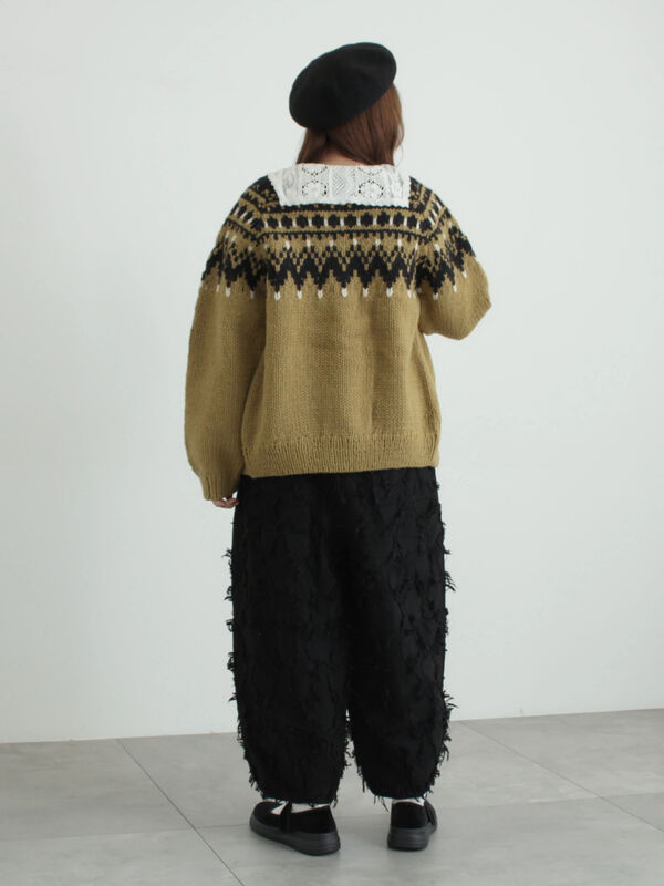 ペルーニット】ジャカード柄ニットカーディガン（チャコールグレー