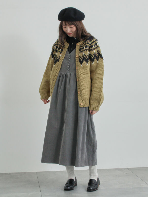 ペルーニット】ジャカード柄ニットカーディガン（チャコールグレー