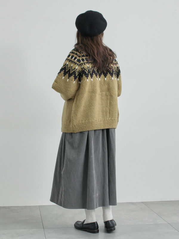 ペルーニット】ジャカード柄ニットカーディガン（チャコールグレー