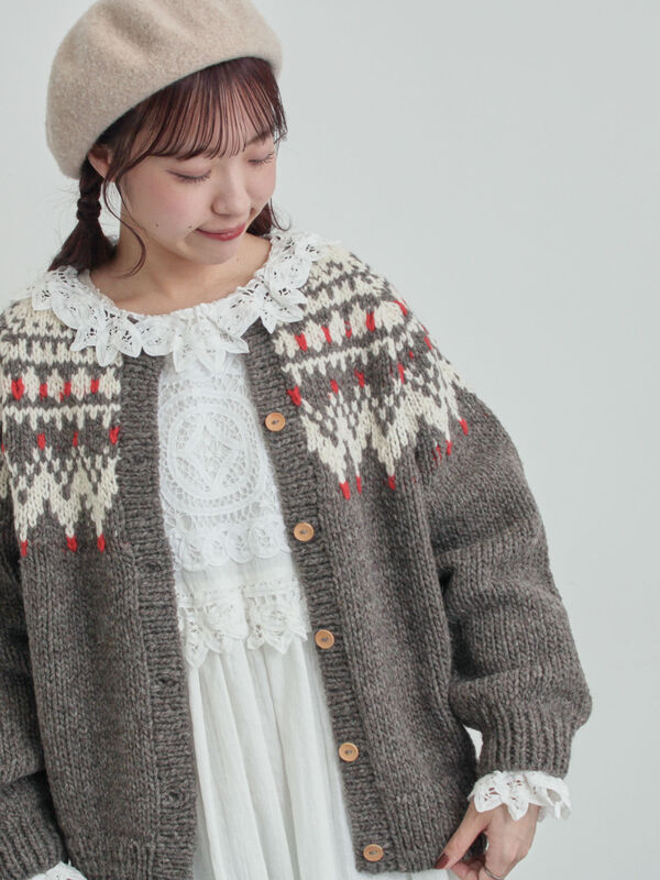 【新品 ツハル ペルーニット】ジャカードニットカーディガン❀TSUHARU ペルーニット】ジャカード柄ニットカーディガン（チャコールグレー