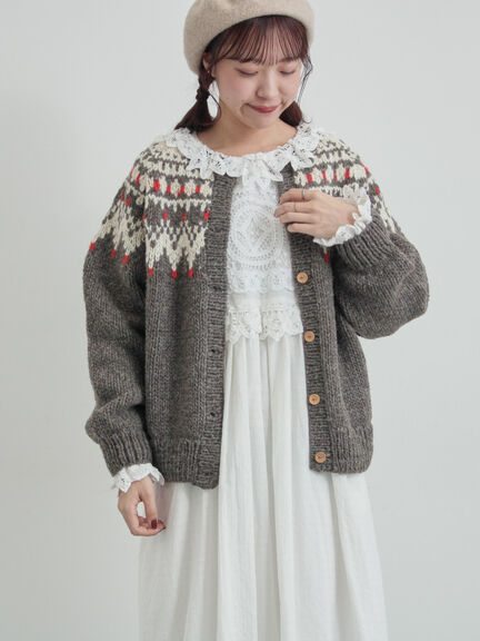 【ペルーニット】ジャカード柄ニットカーディガン（チャコールグレー/オリーブ）｜TSUHARU by Samansa Mos2（ツハルバイサマンサモスモス）通販