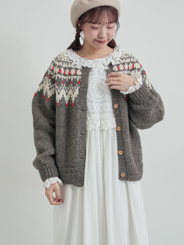 ペルーニット】ジャカード柄ニットカーディガン（チャコールグレー