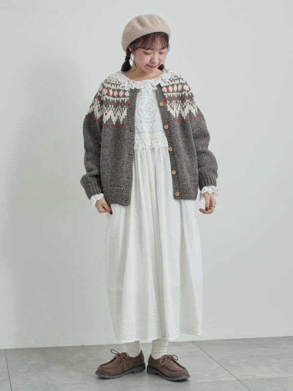 ペルーニット】ジャカード柄ニットカーディガン（チャコールグレー