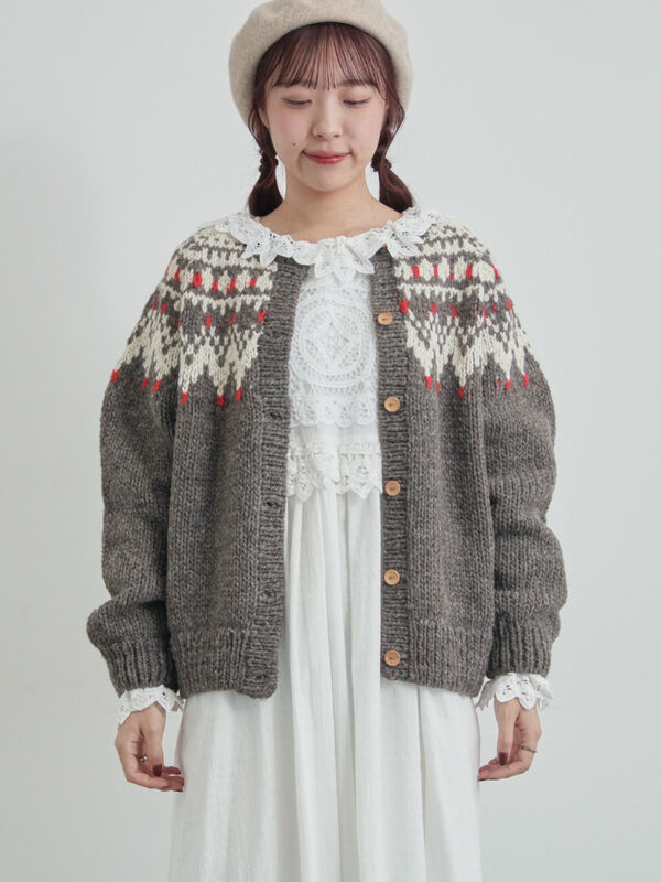 ペルーニット】ジャカード柄ニットカーディガン（チャコールグレー