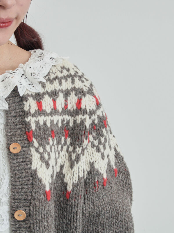 ペルーニット】ジャカード柄ニットカーディガン（チャコールグレー