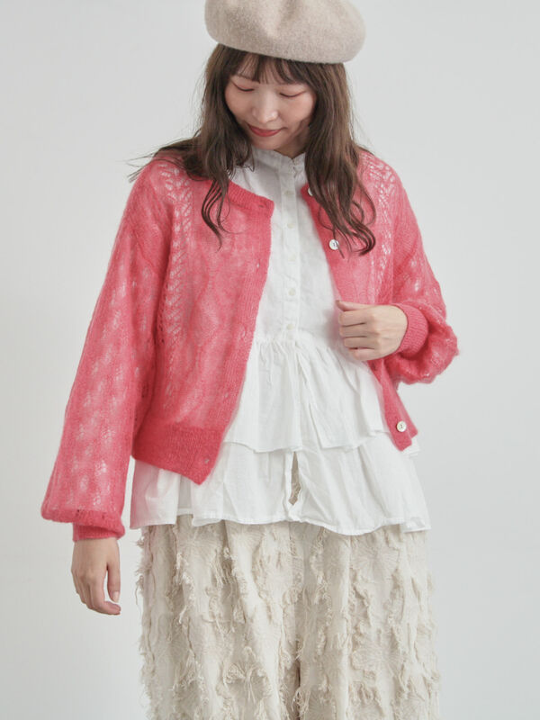 モヘヤ混ケーブル柄シアーニットカーディガン（オフホワイト/ピンク