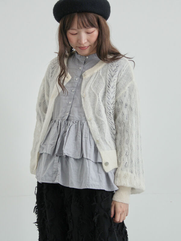 セール】 モヘヤ混ケーブル柄シアーニットカーディガン（オフホワイト