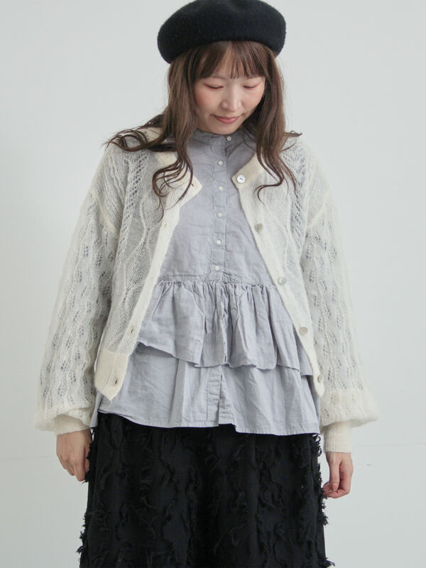 セール】 モヘヤ混ケーブル柄シアーニットカーディガン（オフホワイト