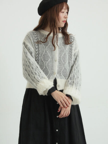モヘヤ混ケーブル柄シアーニットカーディガン（オフホワイト/ピンク/ミント）｜TSUHARU by Samansa Mos2（ツハルバイサマンサモスモス）通販