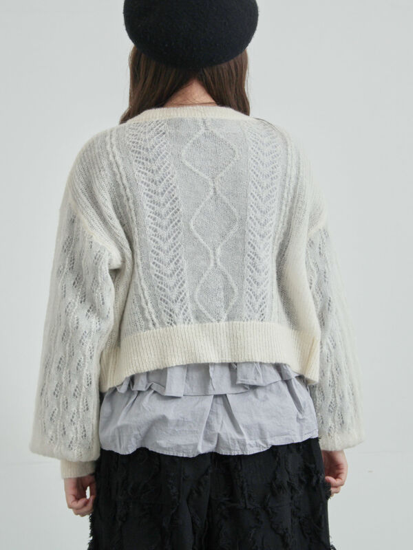 セール】 モヘヤ混ケーブル柄シアーニットカーディガン（オフホワイト