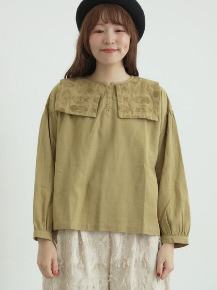 [tukuroi]綿麻ツイル刺繍ブラウス（ベージュ/ブラウン）｜TSUHARU by Samansa Mos2（ツハルバイサマンサモスモス）通販