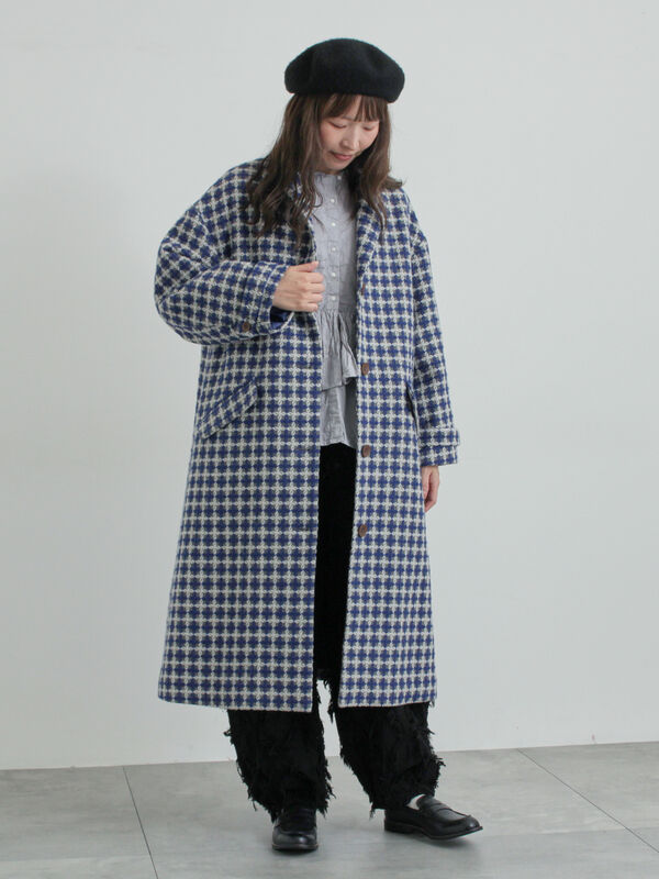 尾州ウール】フラワー柄ジャカードコート（ベージュ/ブルー/ネイビー