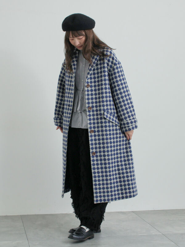 尾州ウール】フラワー柄ジャカードコート（ベージュ/ブルー/ネイビー