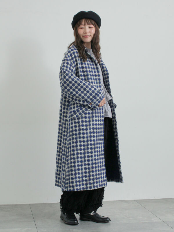 尾州ウール】フラワー柄ジャカードコート（ベージュ/ブルー/ネイビー