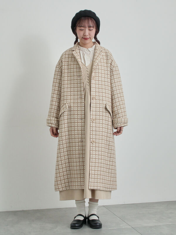 尾州ウール】フラワー柄ジャカードコート（ベージュ/ブルー/ネイビー