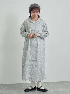 LIBERTY】Forest Wave柄パイピングワンピース（オフホワイト/グレー