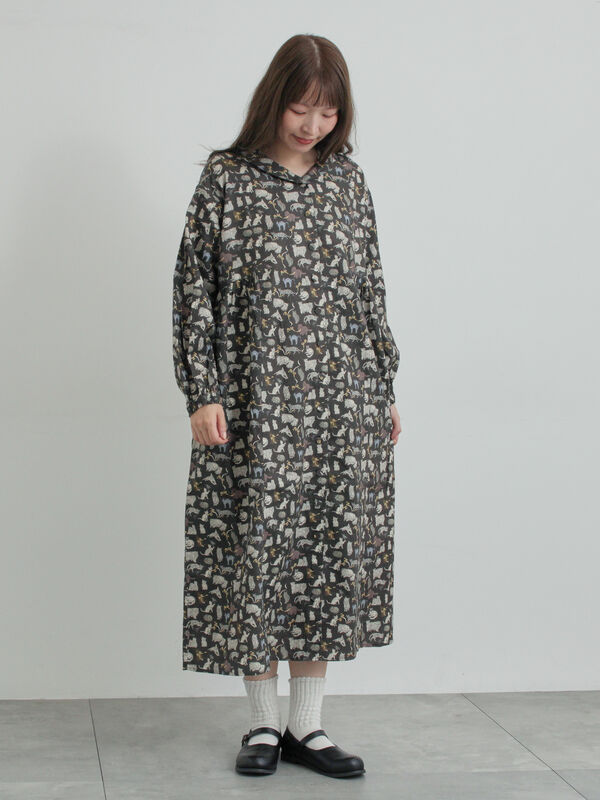 セール】 【LIBERTY】Koh & Eito柄ビエラワンピース（ブラック/S