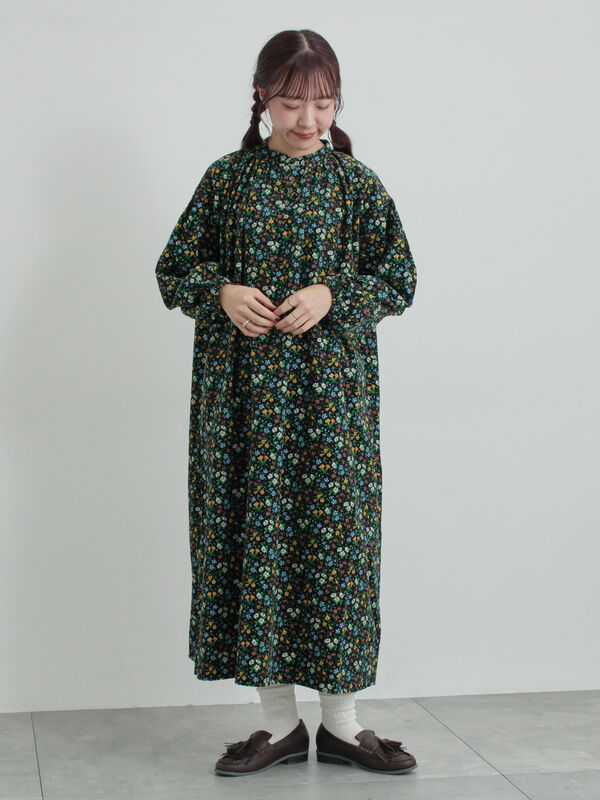 LIBERTY】Maria柄細コールワンピース（ブラック/ブルー