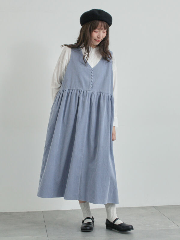 WEB限定 Sサイズ】コール天ノースリーブワンピース（グレー/ベージュ