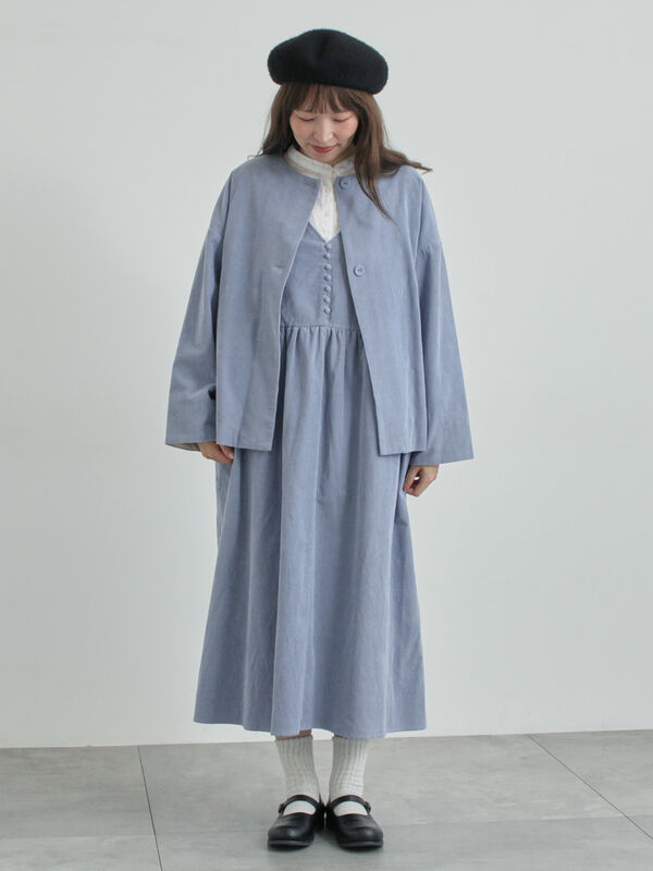 セール】 コール天ノーカラージャケット（グレー/ベージュ/ブルー
