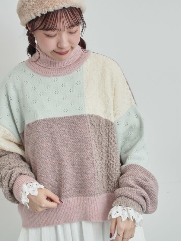 パッチワークスタンドカラーニット（ピンク）｜TSUHARU by Samansa Mos2（ツハルバイサマンサモスモス）通販