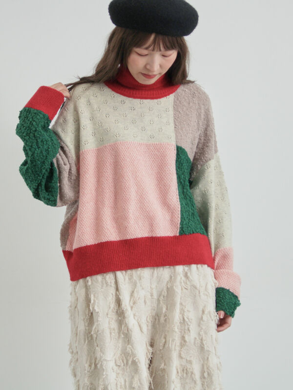 パッチワークスタンドカラーニット（レッド）｜TSUHARU by Samansa Mos2（ツハルバイサマンサモスモス）通販