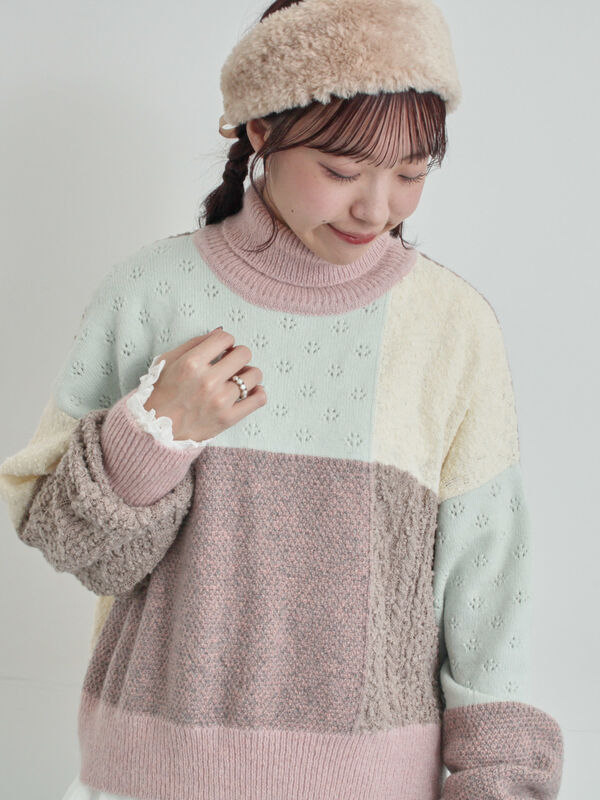 パッチワークスタンドカラーニット（ピンク/レッド/トップス/ニット