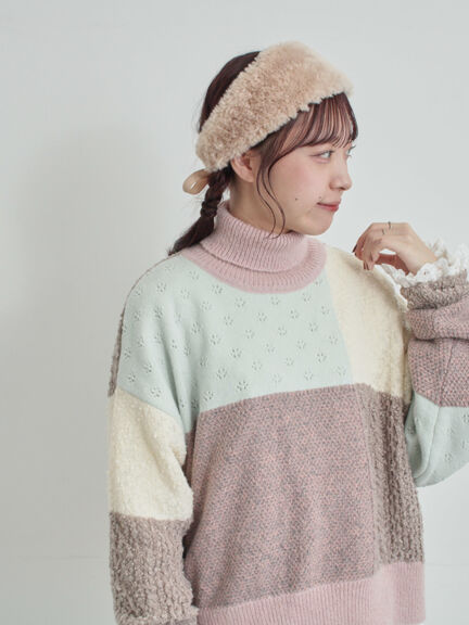 パッチワークスタンドカラーニット（ピンク/レッド）｜TSUHARU by Samansa Mos2（ツハルバイサマンサモスモス）通販