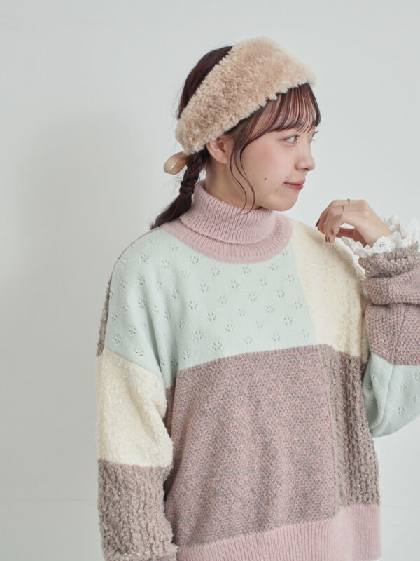 パッチワークスタンドカラーニット（ピンク/レッド/トップス/ニット