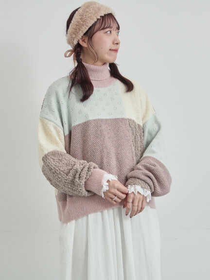 パッチワークスタンドカラーニット（ピンク/レッド）｜TSUHARU by Samansa Mos2（ツハルバイサマンサモスモス）通販