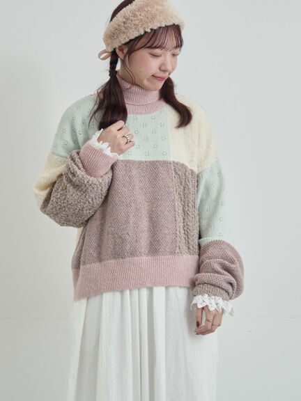 パッチワークスタンドカラーニット（ピンク/レッド）｜TSUHARU by Samansa Mos2（ツハルバイサマンサモスモス）通販