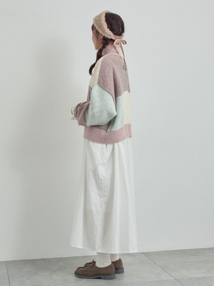 パッチワークスタンドカラーニット（ピンク/レッド）｜TSUHARU by Samansa Mos2（ツハルバイサマンサモスモス）通販