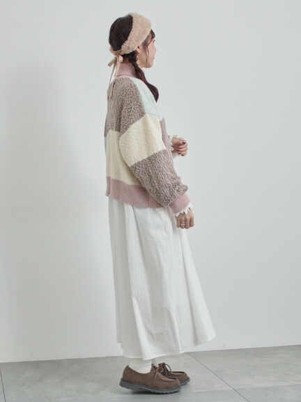 パッチワークスタンドカラーニット（ピンク/レッド）｜TSUHARU by Samansa Mos2（ツハルバイサマンサモスモス）通販