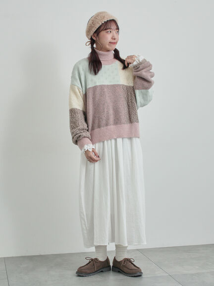 パッチワークスタンドカラーニット（ピンク/レッド）｜TSUHARU by Samansa Mos2（ツハルバイサマンサモスモス）通販