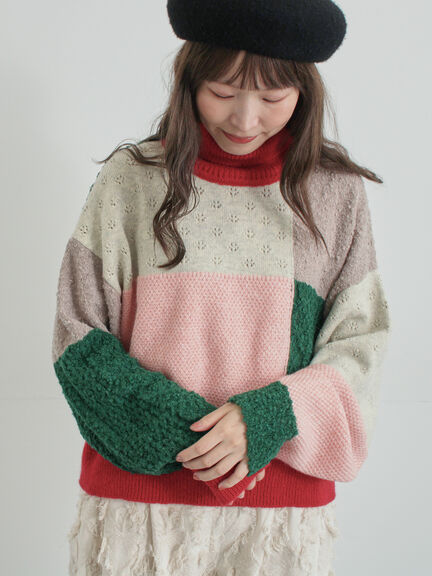 パッチワークスタンドカラーニット（ピンク/レッド）｜TSUHARU by Samansa Mos2（ツハルバイサマンサモスモス）通販